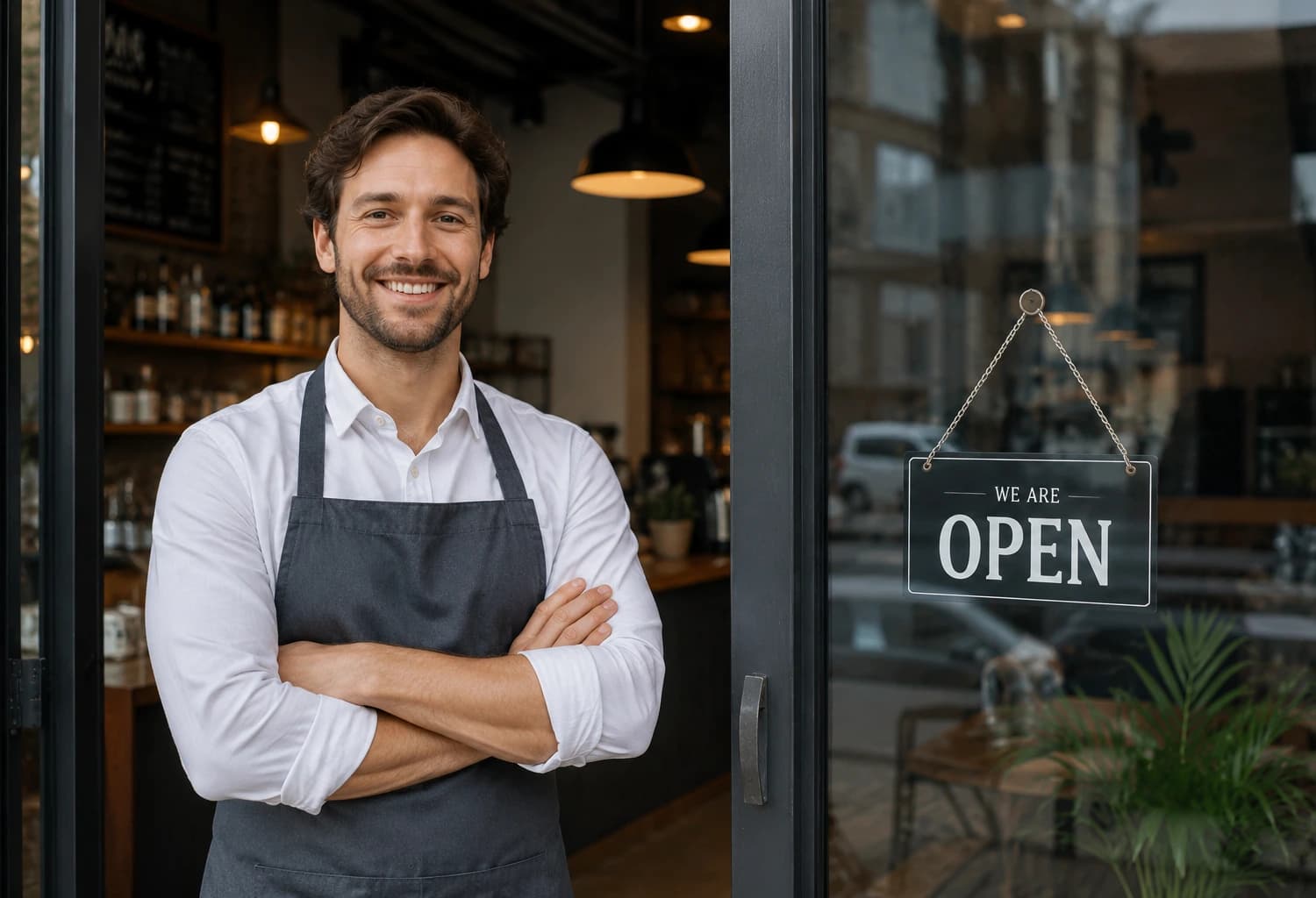 Local business owner welcoming customers
